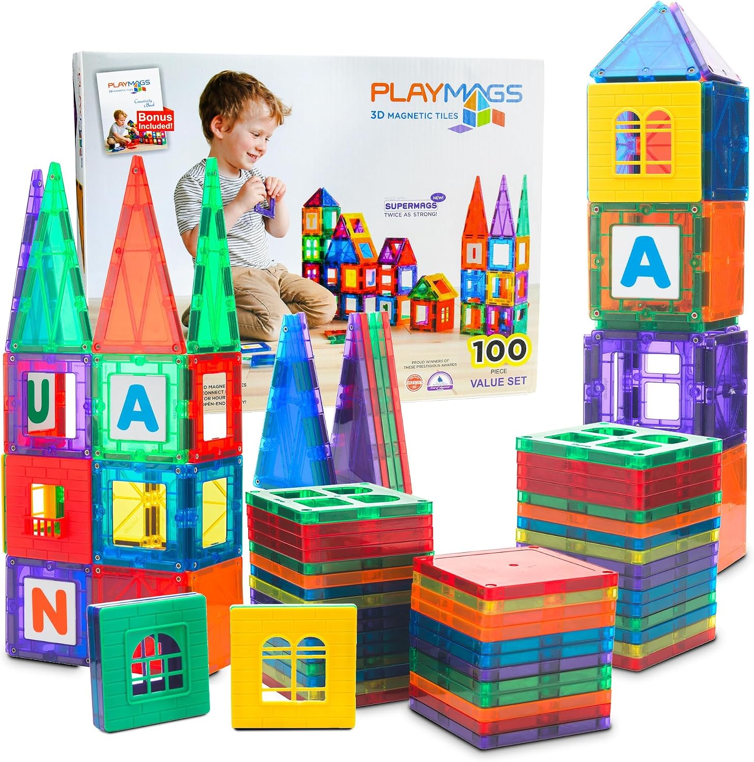 PlayMags 100-Piece Magnetic Tiles Building Set