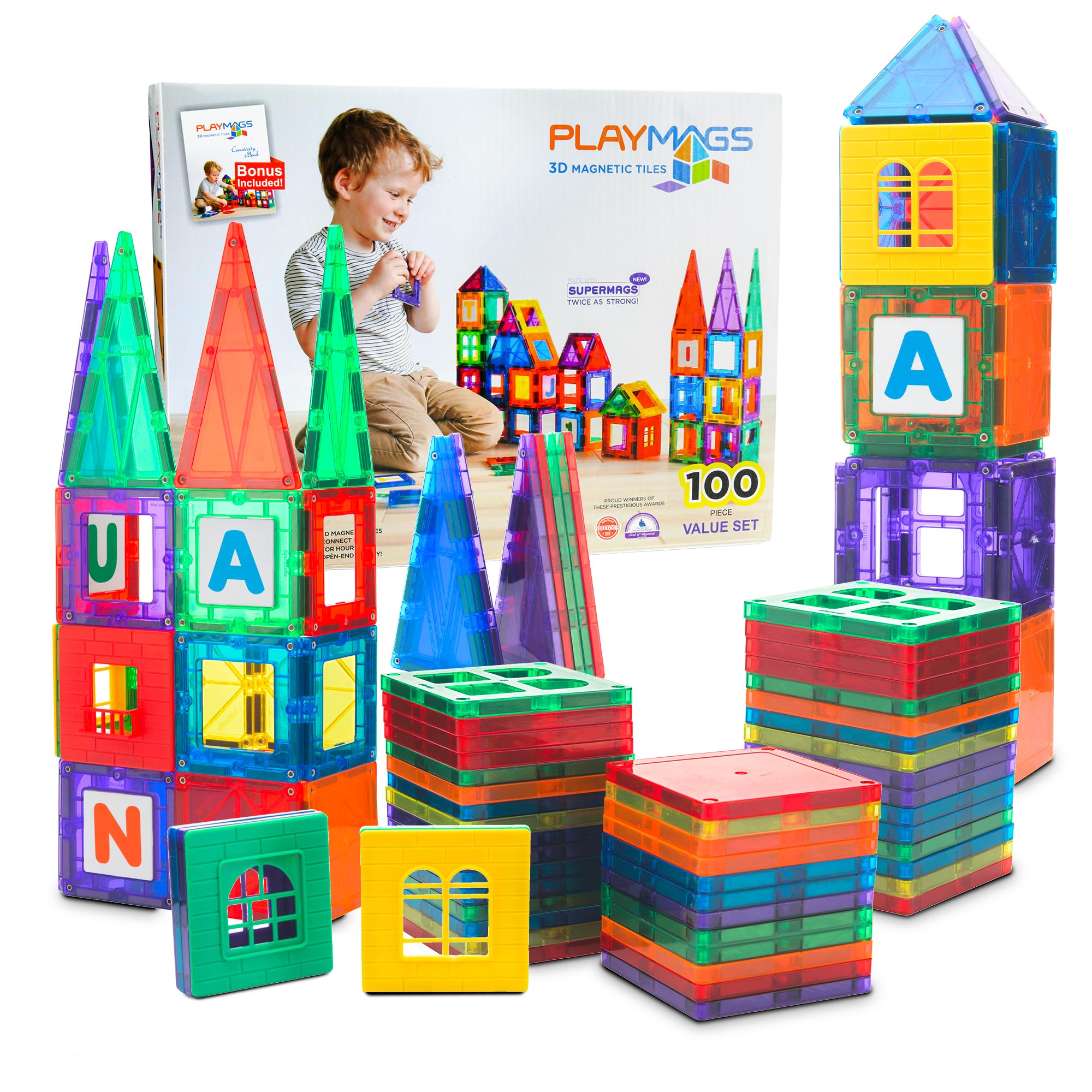 PlayMags 100-Piece Super Set Magnetic Tiles